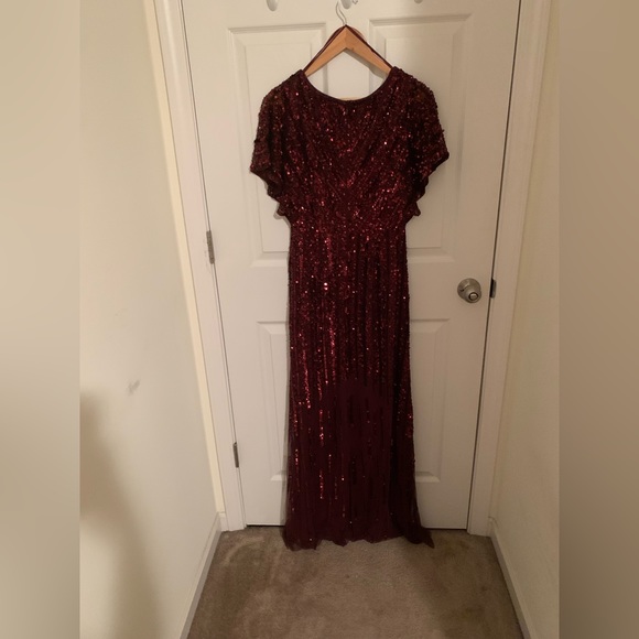 Adrianna Papell Flutter Sleeve Beaded Gown Burgundy - Picture 8 of 9